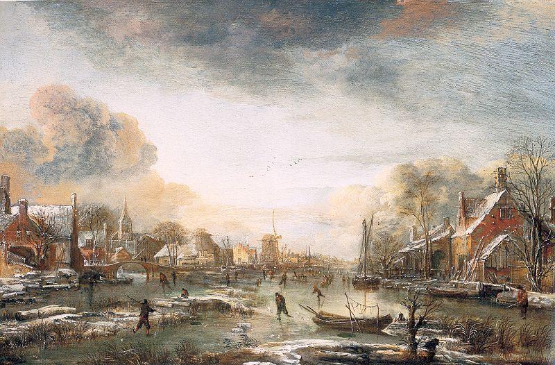 Aert van der Neer A Frozen River by a Town at Evening France oil painting art